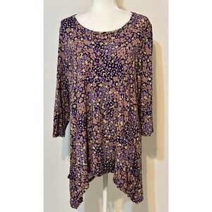 LOGO By Lori Goldstein Women Size XL Purple Ditzy Floral 3/4 Sleeve Tunic Boho